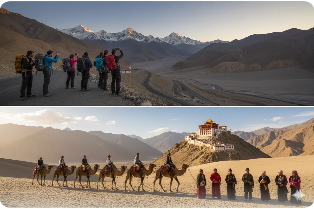 Day 6: Nubra Valley â€“ Drive to Nubra, Sand Dunes, Camel Ride, Monastery Visit, Return to Leh