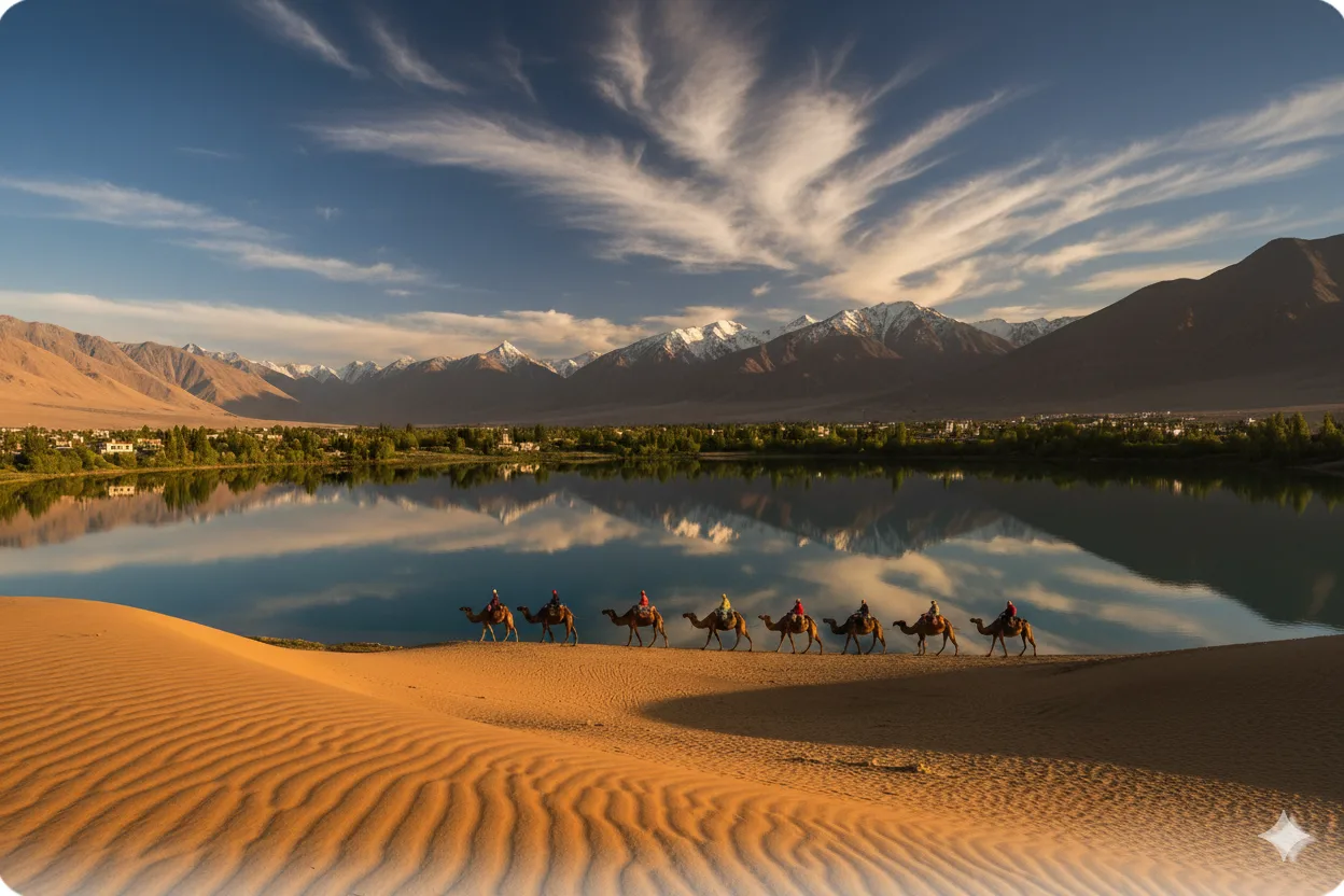 Day 6: Pangong to Nubra Valley â€“ Via Shyok Road, Hunder Sand Dunes, Double-Humped Camel Ride, Diskit Monastery, Overnight in Luxury Camp